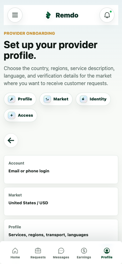 Remdo provider onboarding interface
